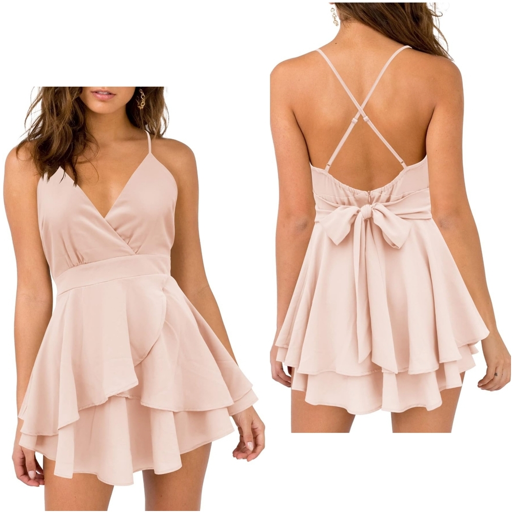 NWT Firfig Light Pink V Spaghetti Cross Flowy Tie Ruffle Skater Mini Dress L